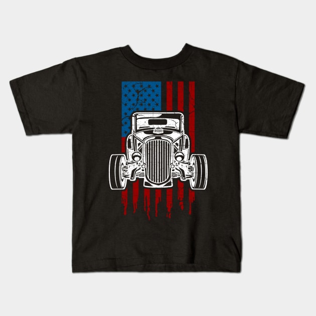 Vintage Hot Rod American Flag Classic Car Kids T-Shirt by RadStar